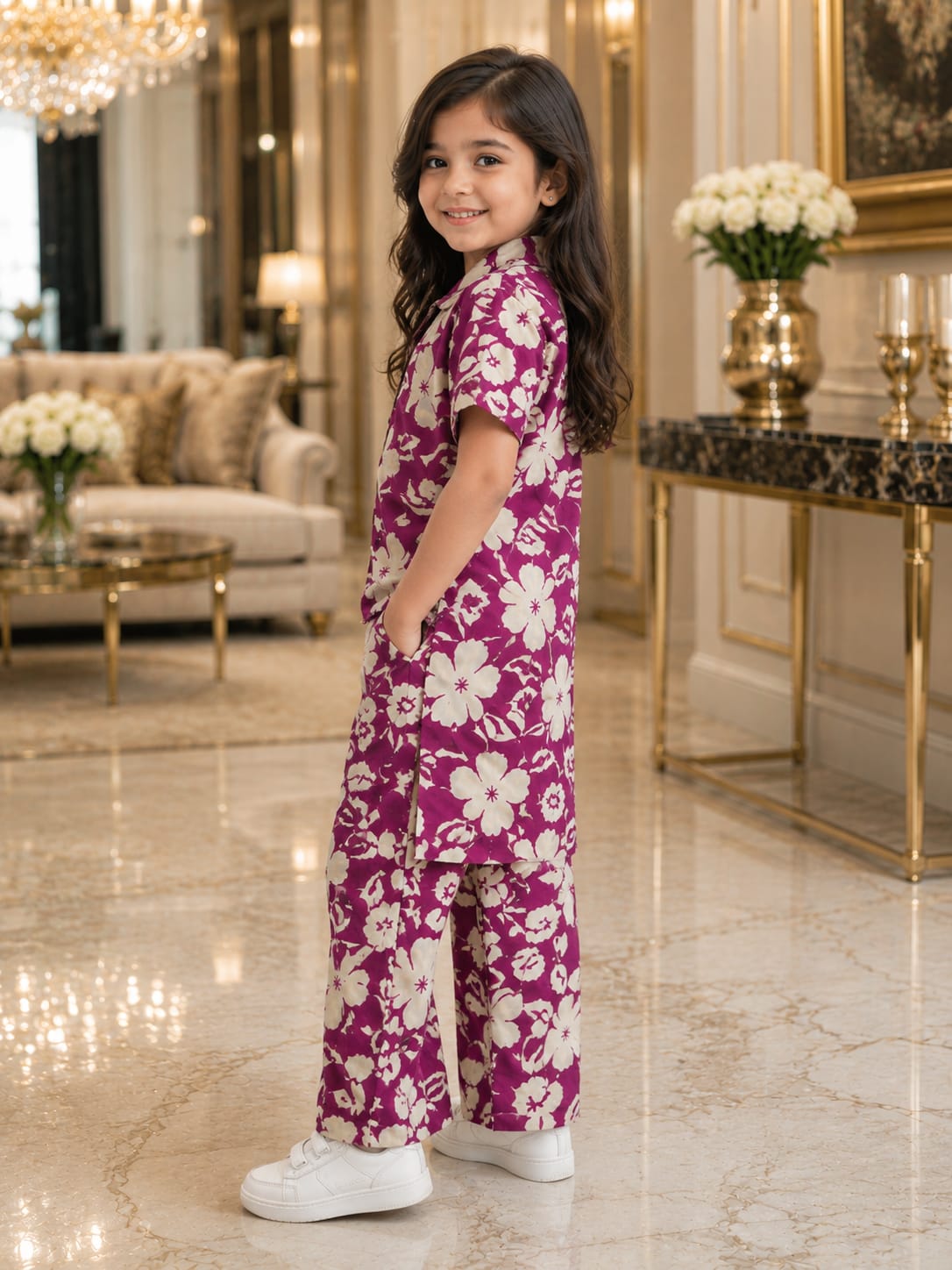 Girls Floral Co-Ord Set – Premium Knee Length Shirt & Wide Leg Pants