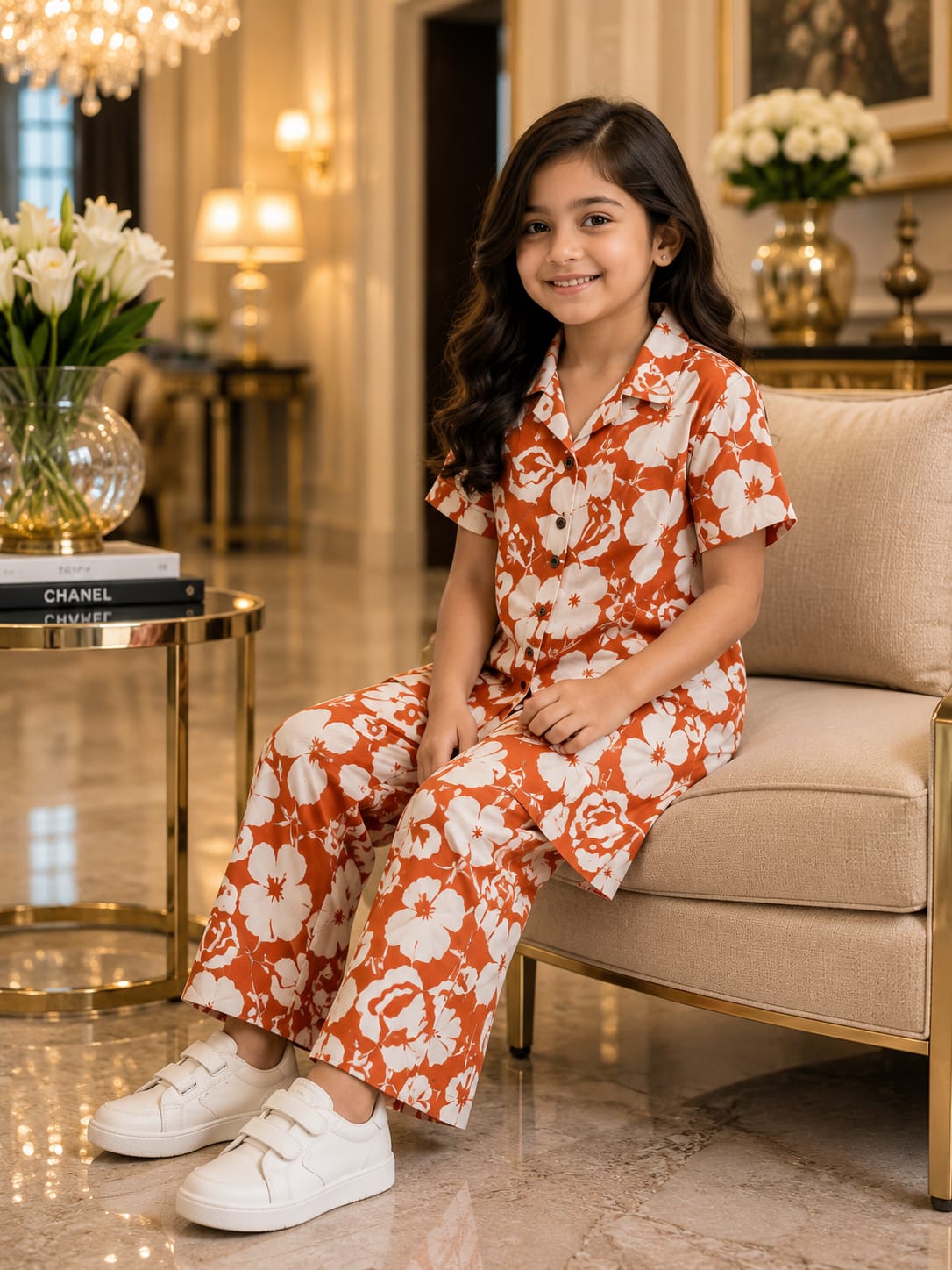 Girls Orange Floral Co-Ord Set – Premium Knee Length Shirt & Wide Leg Pants