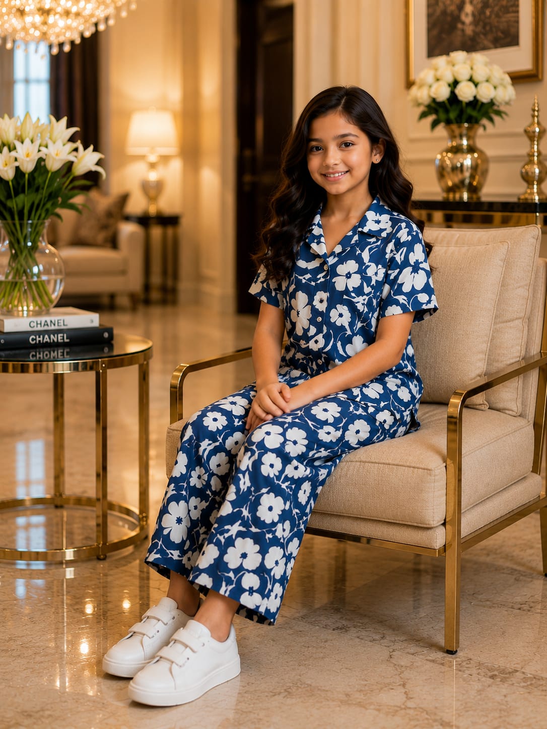 Girls Royal Blue Floral Co-Ord Set – Premium Knee Length Shirt & Wide Leg Pants