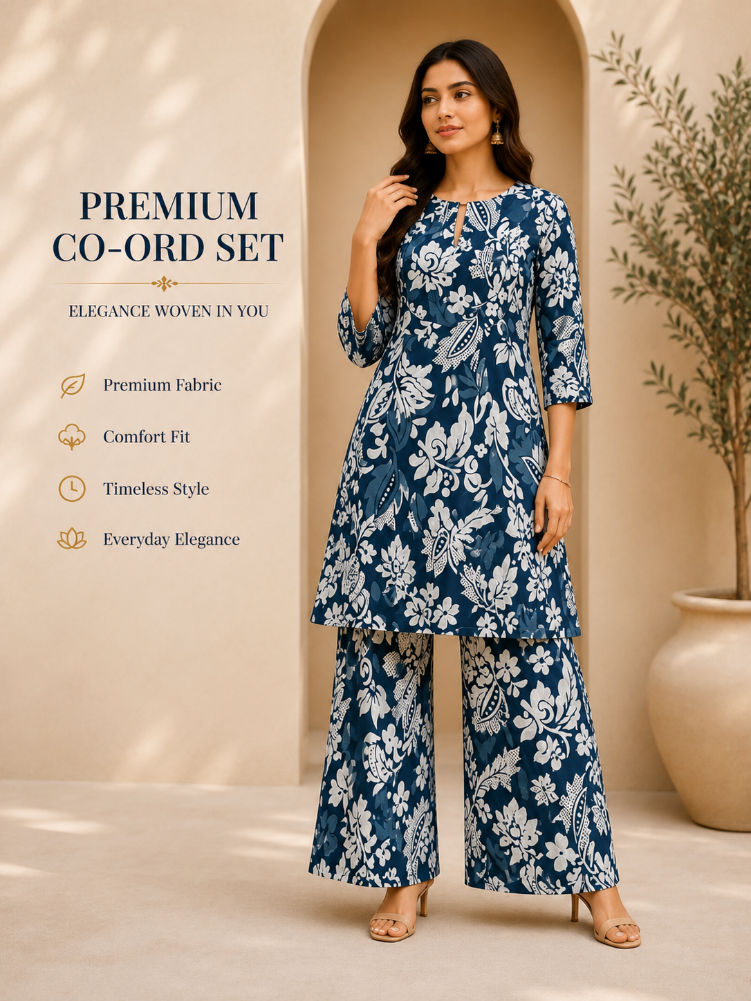 Women's Premium Floral Co-Ord Set – Blue & White Printed Kurta with Palazzo