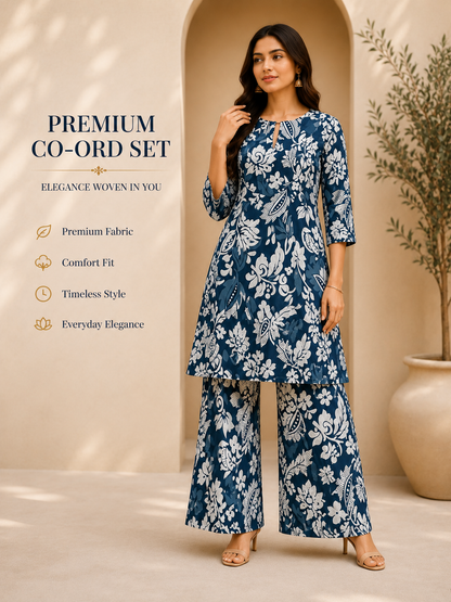 Women's Premium Floral Co-Ord Set – Blue & White Printed Kurta with Palazzo