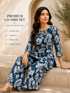 Women's Premium Floral Co-Ord Set – Blue & White Printed Kurta with Palazzo