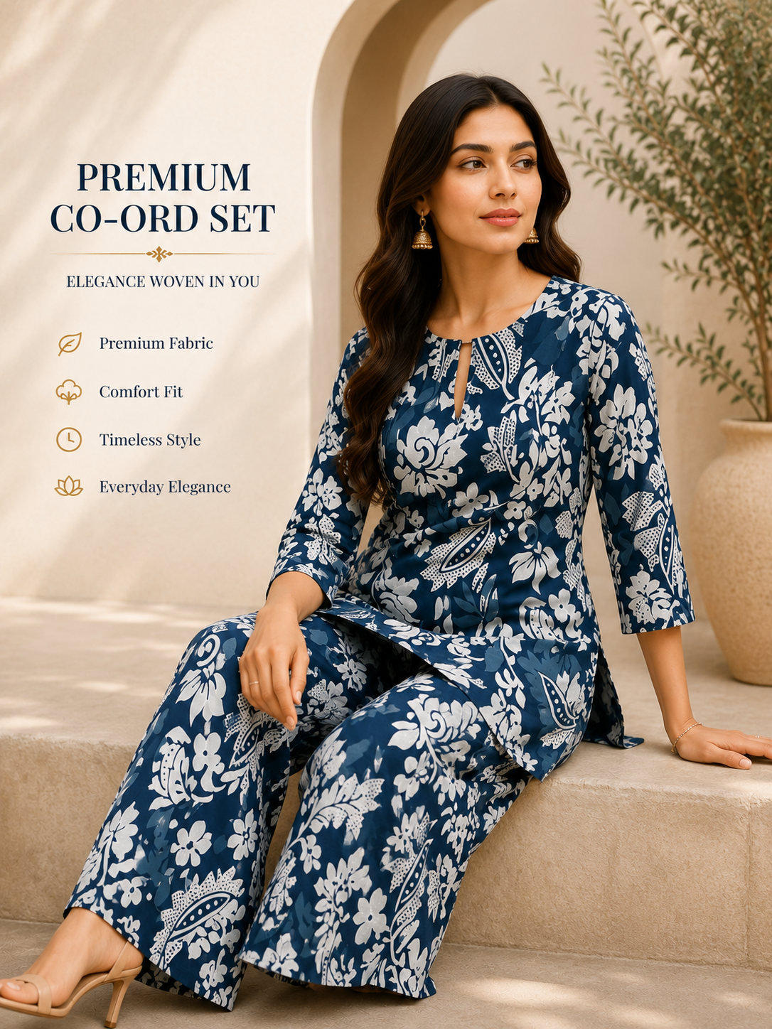 Women's Premium Floral Co-Ord Set – Blue & White Printed Kurta with Palazzo
