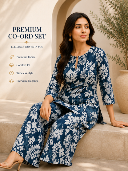 Women's Premium Floral Co-Ord Set – Blue & White Printed Kurta with Palazzo