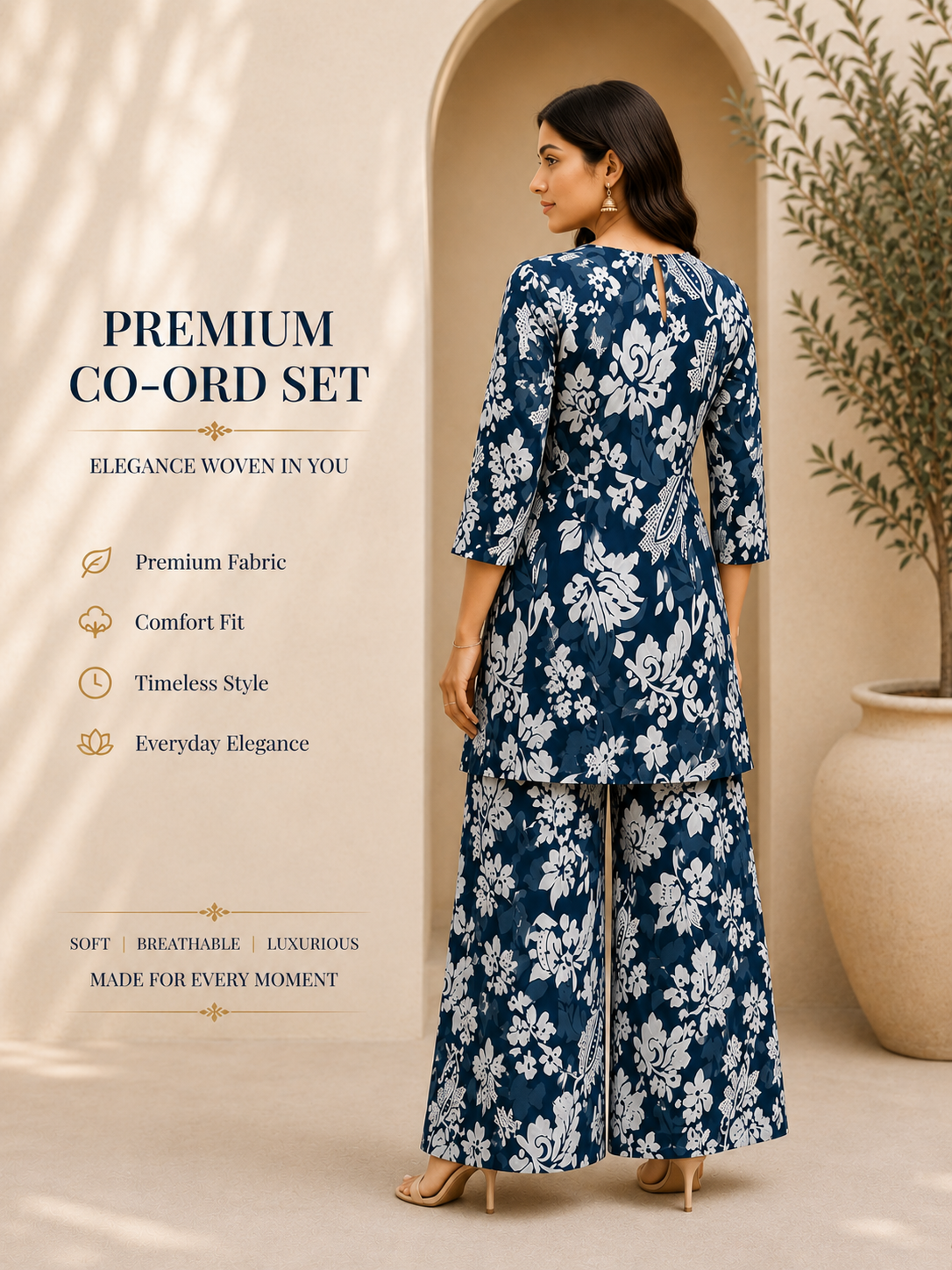 Women's Premium Floral Co-Ord Set – Blue & White Printed Kurta with Palazzo