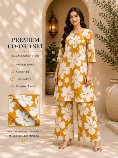 Women's Premium Floral Co-Ord Set | Elegant Comfort Fit | Yellow Blossom Print