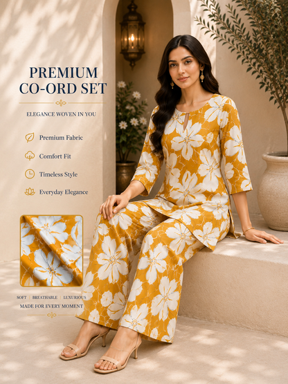 Women's Premium Floral Co-Ord Set | Elegant Comfort Fit | Yellow Blossom Print