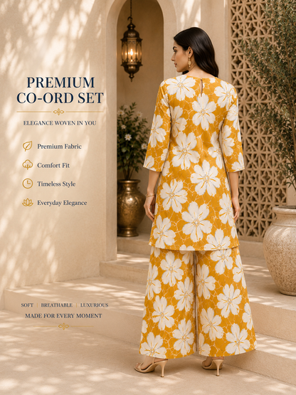 Women's Premium Floral Co-Ord Set | Elegant Comfort Fit | Yellow Blossom Print
