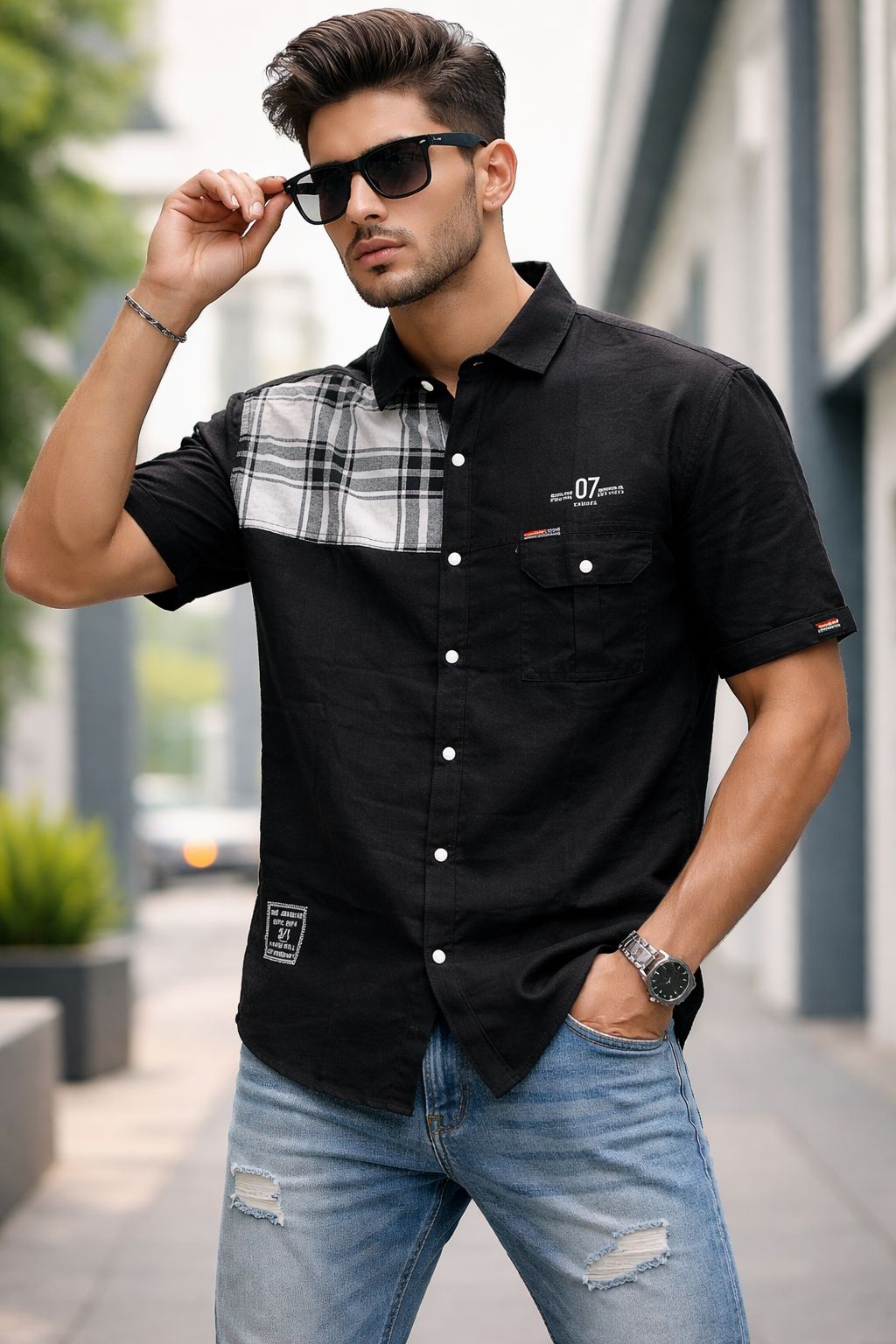 Premium Streetwear Black Shirt Plaid Detail
