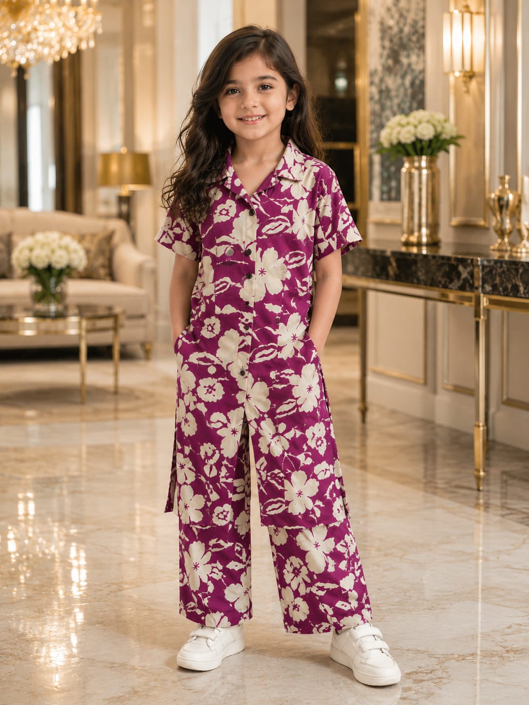 Girls Floral Co-Ord Set – Premium Knee Length Shirt & Wide Leg Pants
