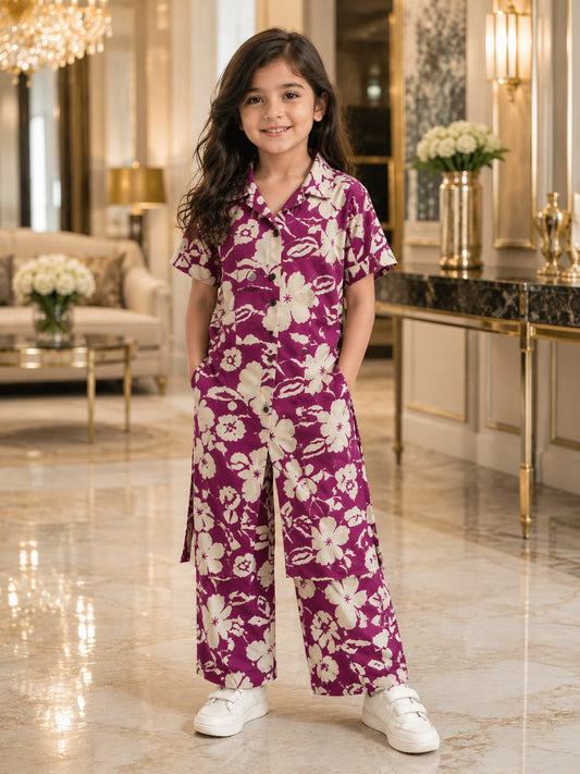 Girls Floral Co-Ord Set – Premium Knee Length Shirt & Wide Leg Pants