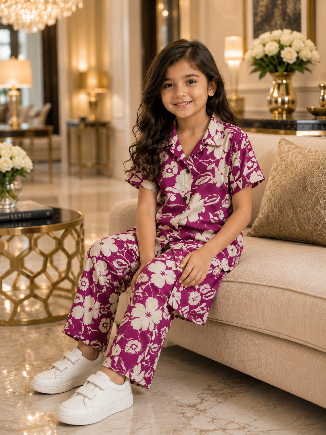 Girls Floral Co-Ord Set – Premium Knee Length Shirt & Wide Leg Pants