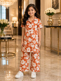 Girls Orange Floral Co-Ord Set – Premium Knee Length Shirt & Wide Leg Pants