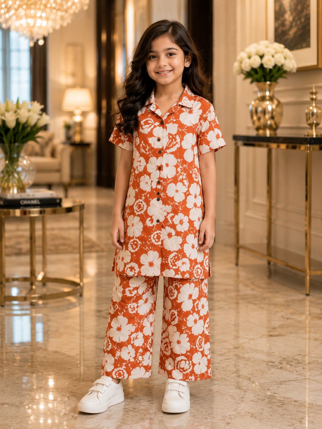 Girls Orange Floral Co-Ord Set – Premium Knee Length Shirt & Wide Leg Pants