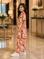 Girls Orange Floral Co-Ord Set – Premium Knee Length Shirt & Wide Leg Pants