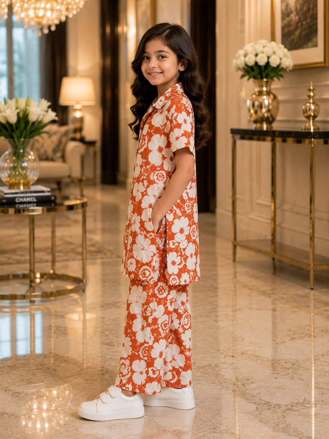 Girls Orange Floral Co-Ord Set – Premium Knee Length Shirt & Wide Leg Pants