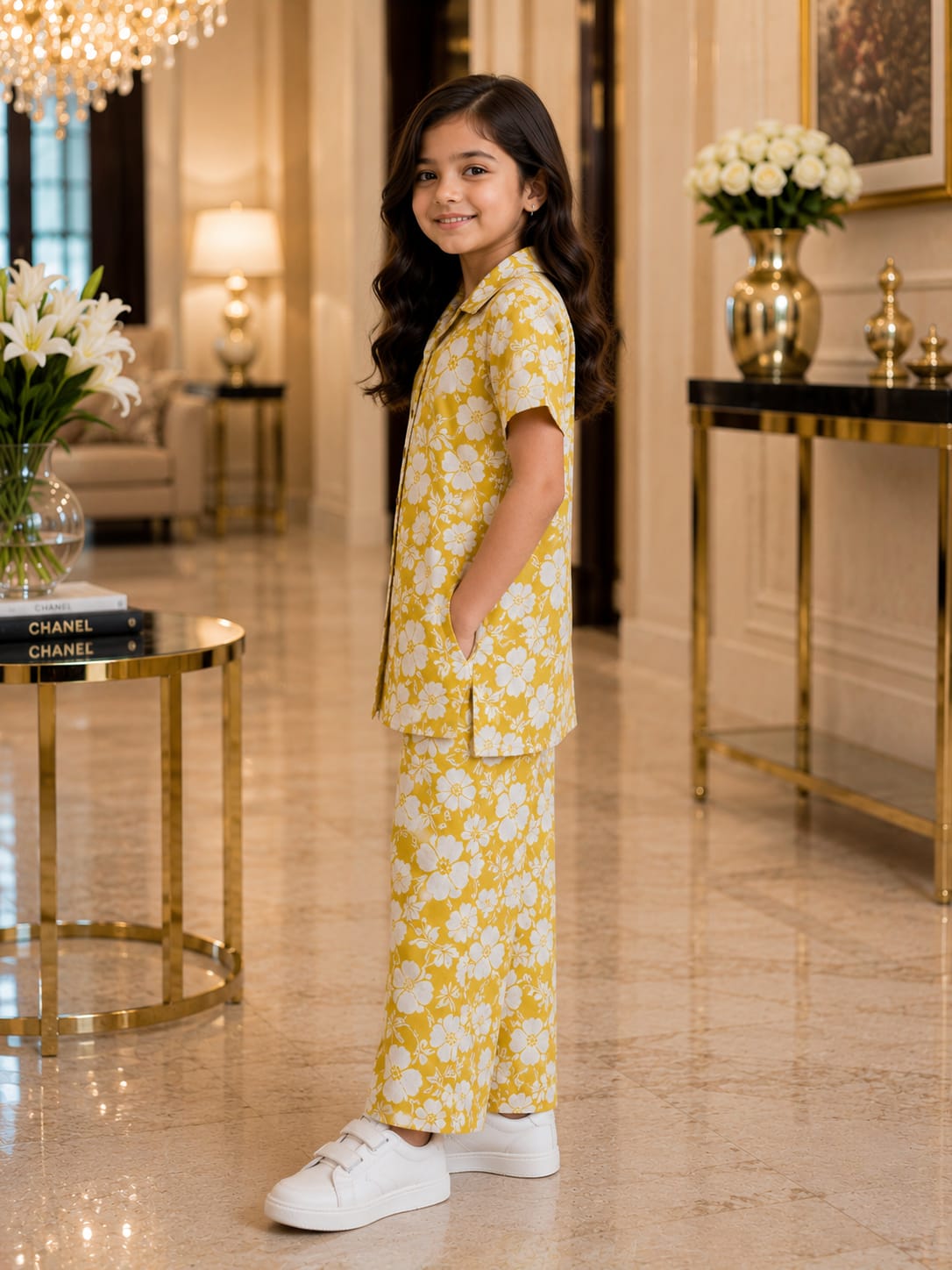 Girls Yellow Floral Co-Ord Set – Premium Knee Length Shirt & Wide Leg Pants