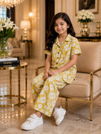 Girls Yellow Floral Co-Ord Set – Premium Knee Length Shirt & Wide Leg Pants