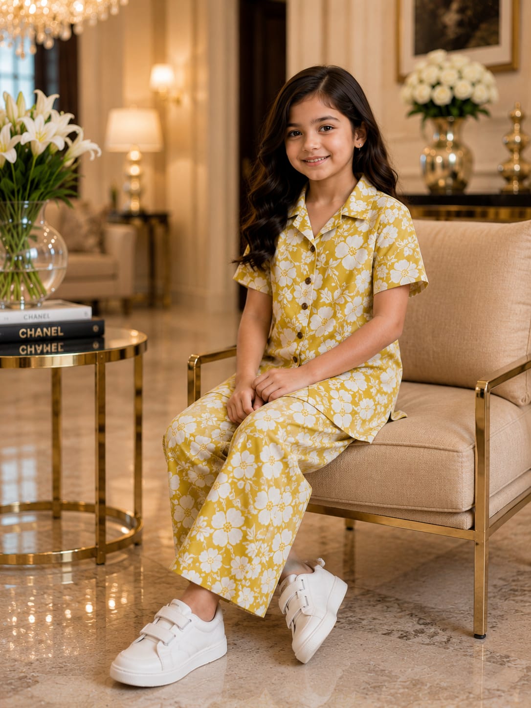 Girls Yellow Floral Co-Ord Set – Premium Knee Length Shirt & Wide Leg Pants