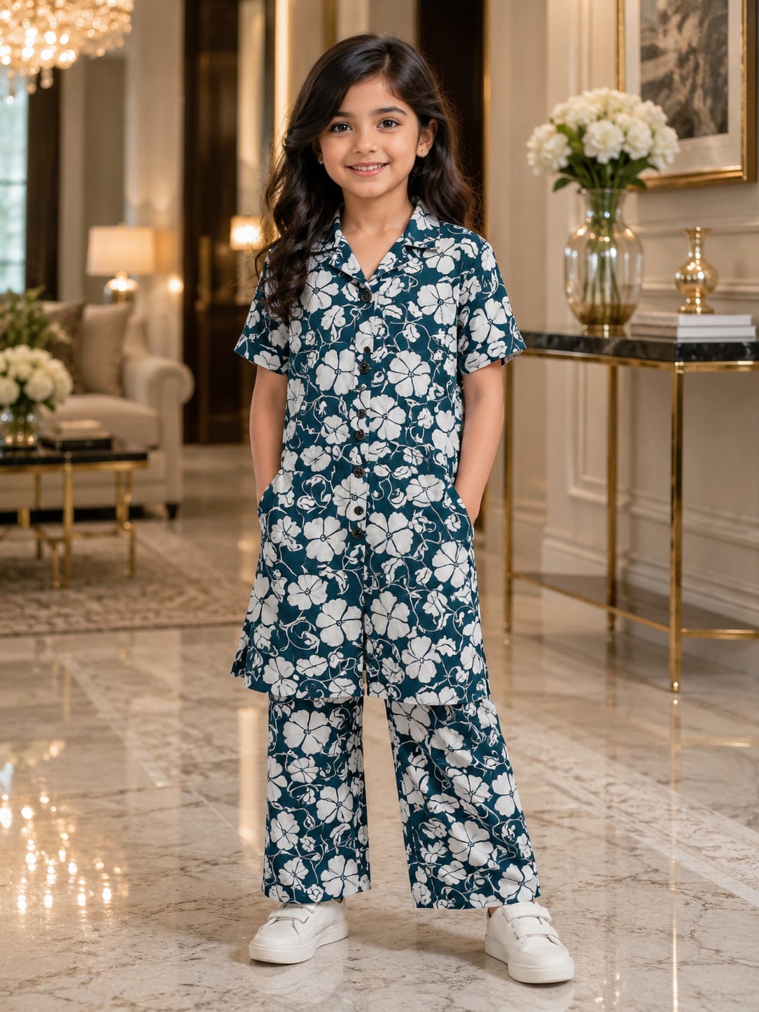 Girls Teal Floral Co-Ord Set – Premium Knee Length Shirt & Wide Leg Pants