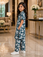 Girls Teal Floral Co-Ord Set – Premium Knee Length Shirt & Wide Leg Pants