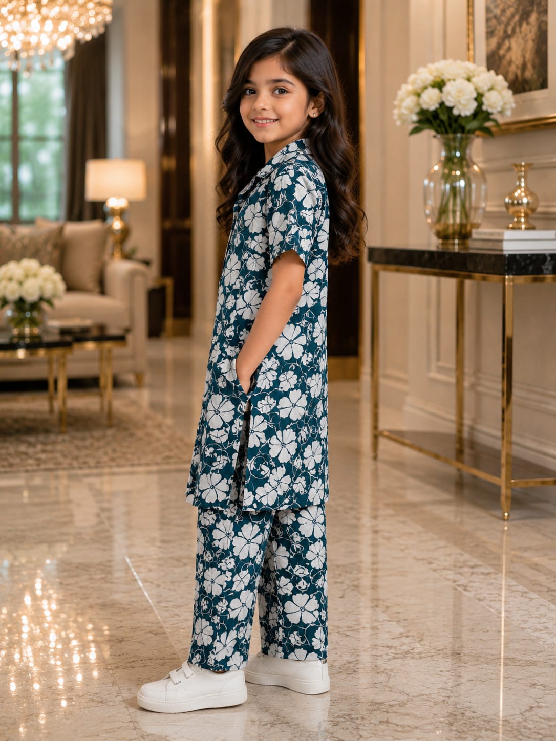 Girls Teal Floral Co-Ord Set – Premium Knee Length Shirt & Wide Leg Pants