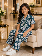 Girls Teal Floral Co-Ord Set – Premium Knee Length Shirt & Wide Leg Pants