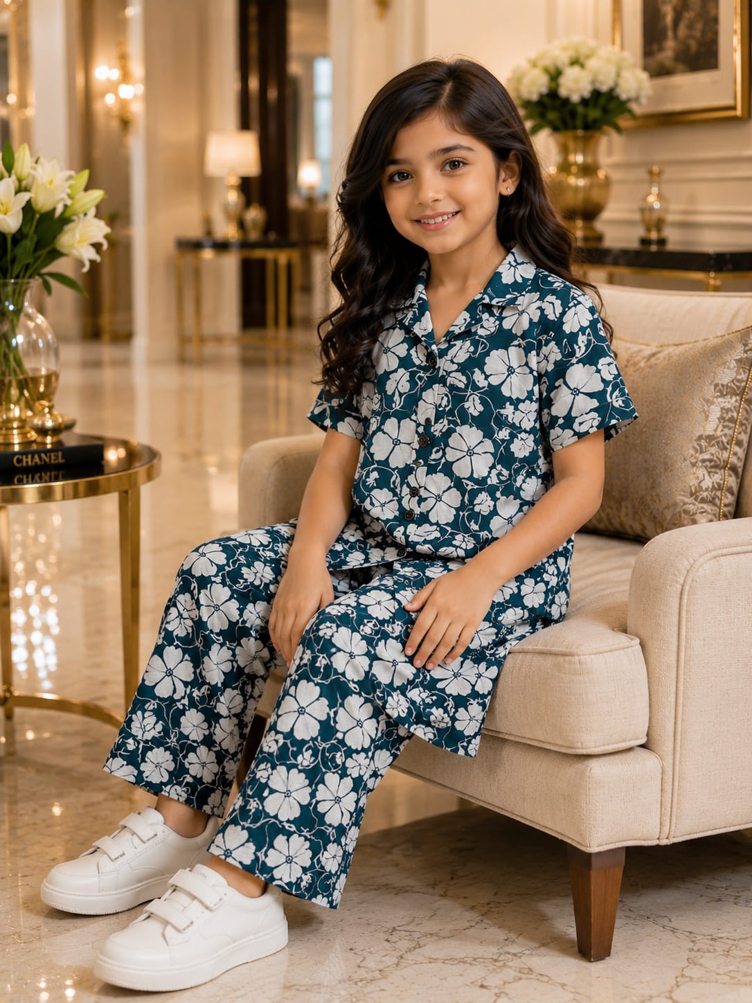 Girls Teal Floral Co-Ord Set – Premium Knee Length Shirt & Wide Leg Pants