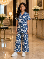 Girls Royal Blue Floral Co-Ord Set – Premium Knee Length Shirt & Wide Leg Pants