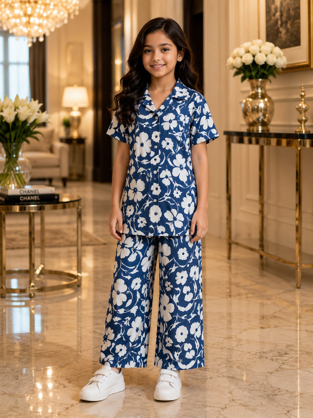 Girls Royal Blue Floral Co-Ord Set – Premium Knee Length Shirt & Wide Leg Pants