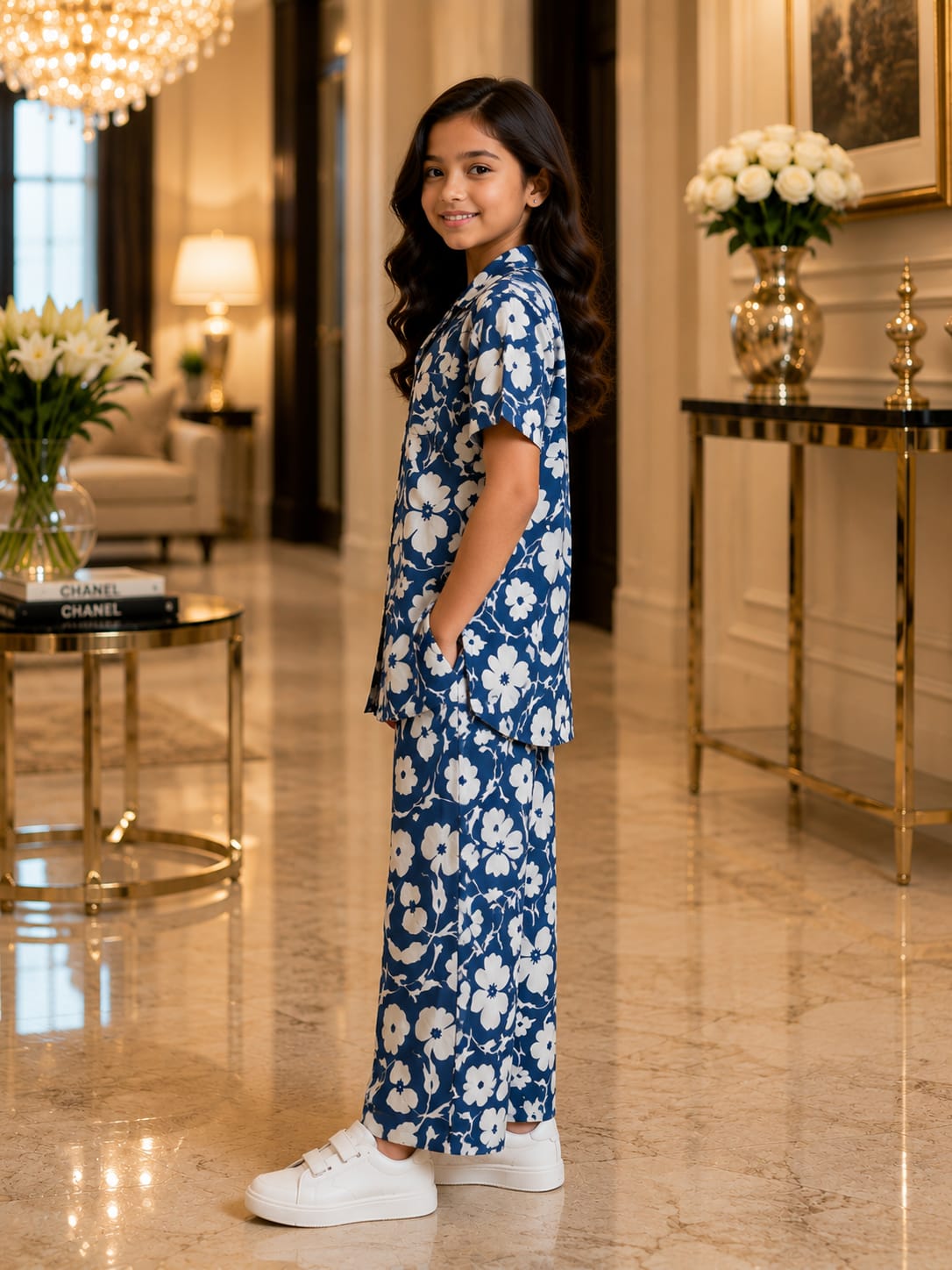 Girls Royal Blue Floral Co-Ord Set – Premium Knee Length Shirt & Wide Leg Pants