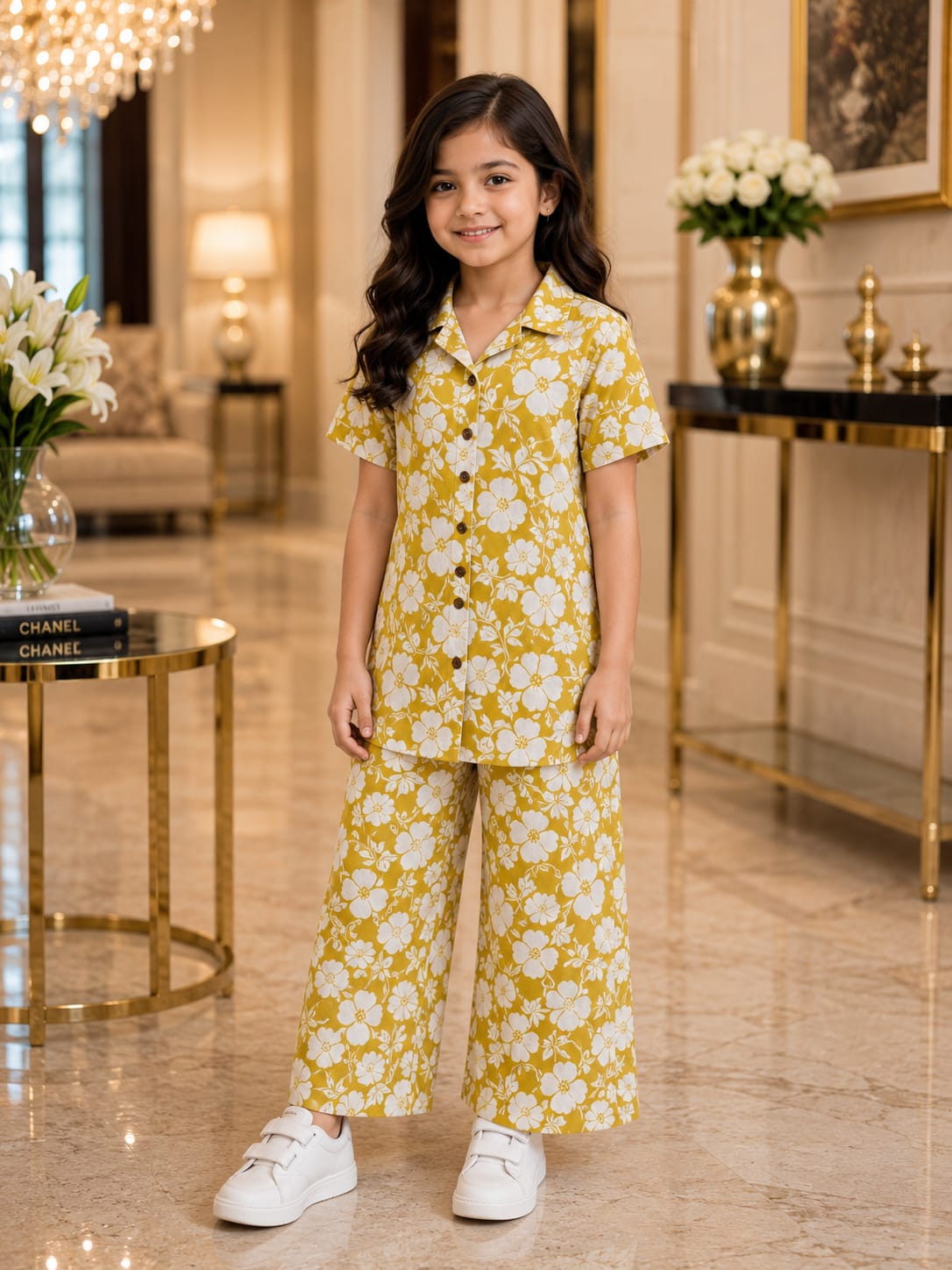 Girls Yellow Floral Co-Ord Set – Premium Knee Length Shirt & Wide Leg Pants